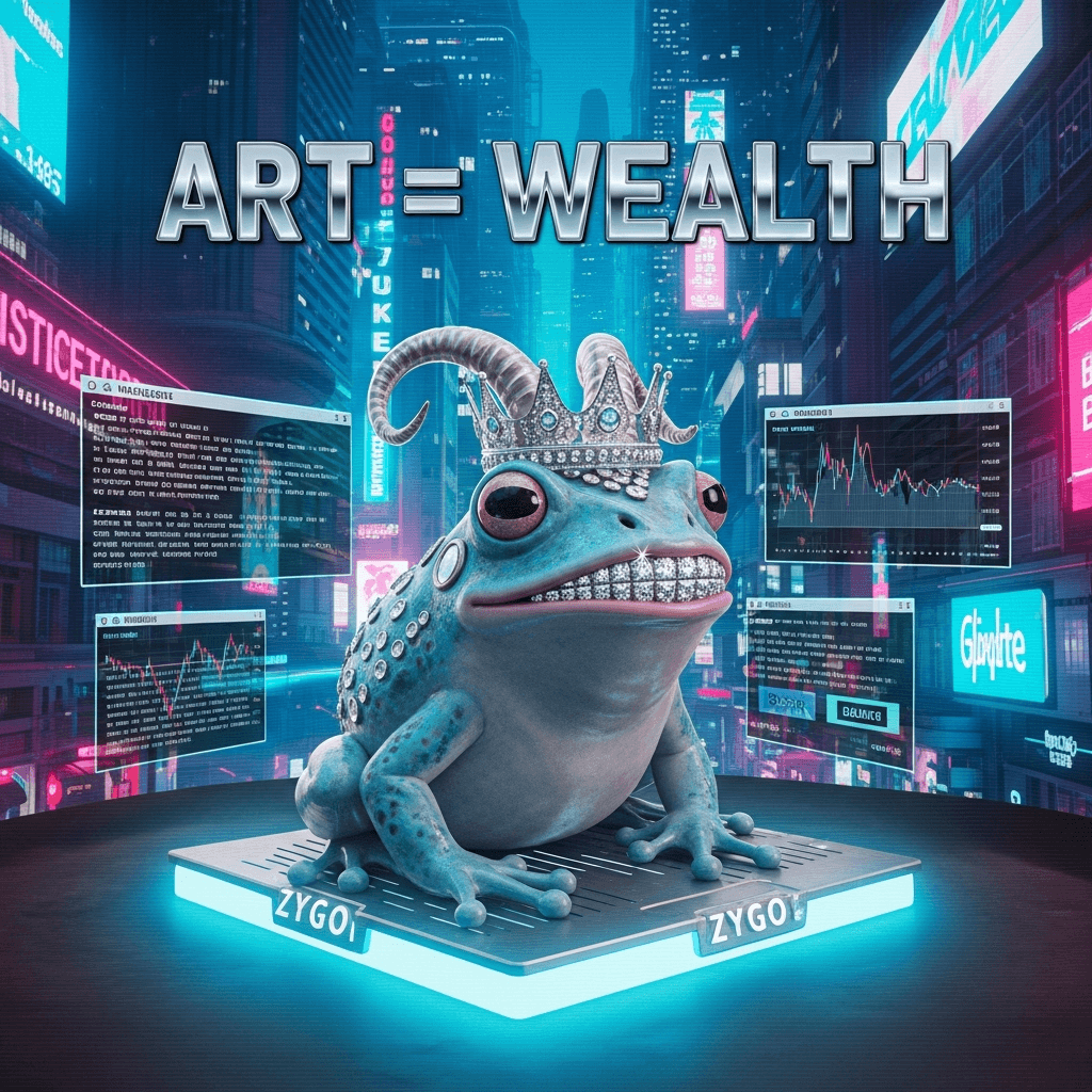 Cyberpunk frog mascot 'Zygo' wearing a diamond-tooth grill and a goat-crown, perched on a glowing ledger stone; neon city night, vaporwave palette, VHS scanlines, terminal UI overlays, retro web stickers like <marquee> and <blink> floating; Opensea charts as holograms; jeweled textures, chrome typography 'ART = WEALTH'; playful but regal vibe.