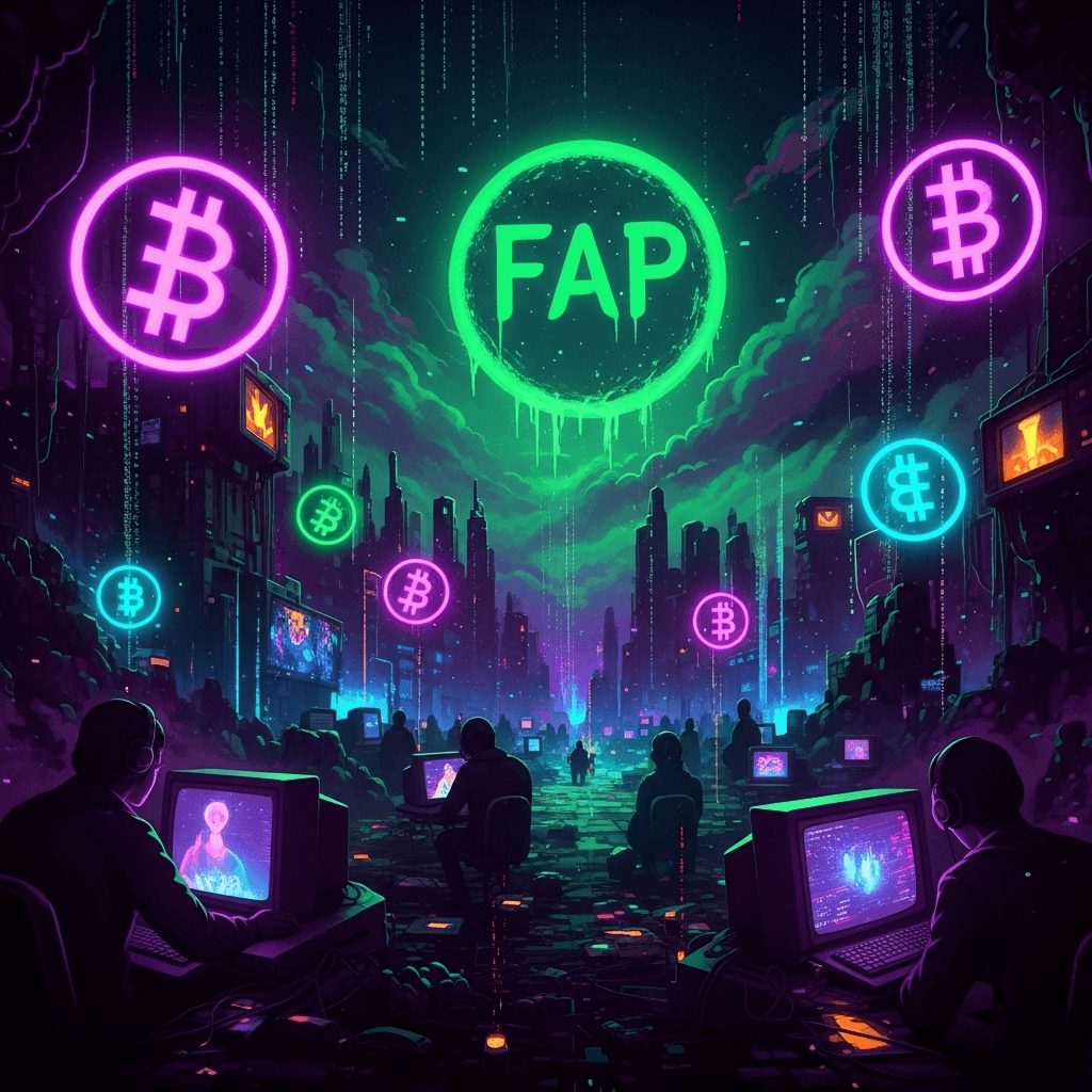 A surreal, dreamlike depiction of a digital underworld where Fapcoin reigns—a chaotic landscape of glowing neon sigils, shadowy figures hunched over ancient monitors, and glitchy pixel storms. A single, massive FAP sigil looms in the sky like a corrupted moon.