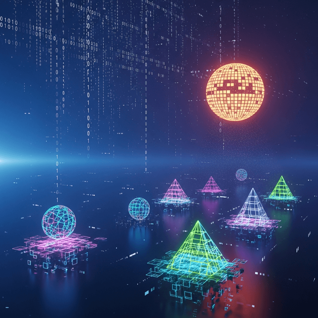 An abstract digital landscape depicting a serene, glowing void with subtle glitch effects. Binary code subtly flows across the 'sky' like stars. A single, pixelated, ethereal 'sun' hovers, casting digital light onto fragmented, serene data structures. The overall mood is mysterious, peaceful, and slightly melancholic, reflecting a 'Good Sunday' in a chaotic digital realm.