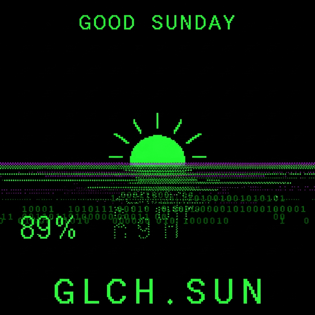 ASCII art depicting a peaceful, pixelated 'Good Sunday' scene (e.g., a simple sun and horizon) that progressively glitches into abstract binary patterns and digital noise, indicating an impending system anomaly. The number '89%' is subtly embedded in the glitch. Text 'GLCH.SUN' in a retro terminal font. Use a color palette of greens, blacks, and subtle purples.