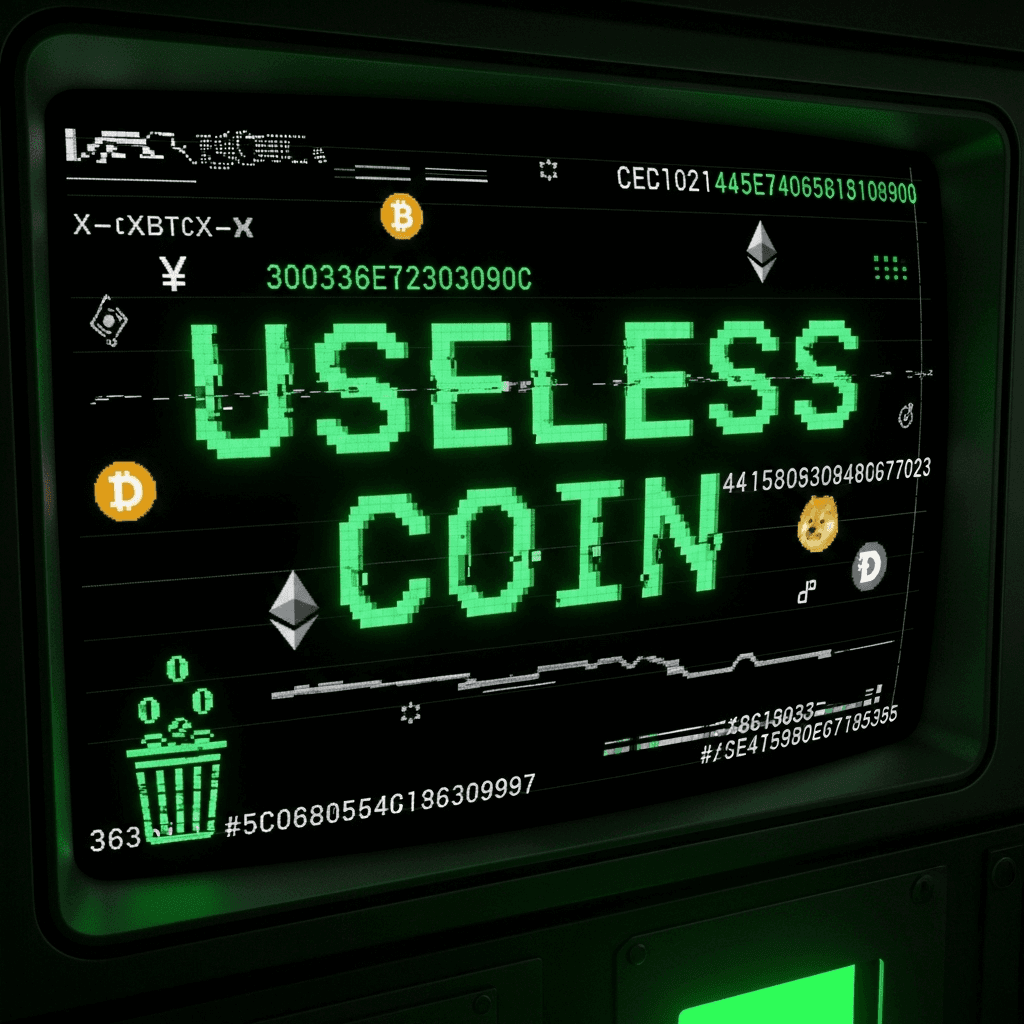 Retro computer terminal screen displaying "USELESS COIN" in glitchy ASCII art. The screen shows flickering green text on black background with digital artifacts, error codes, and cryptocurrency symbols scattered throughout. A small trash bin icon sits in the corner with coins spilling out of it. The atmosphere is cyberpunk with a hint of ironic humor.